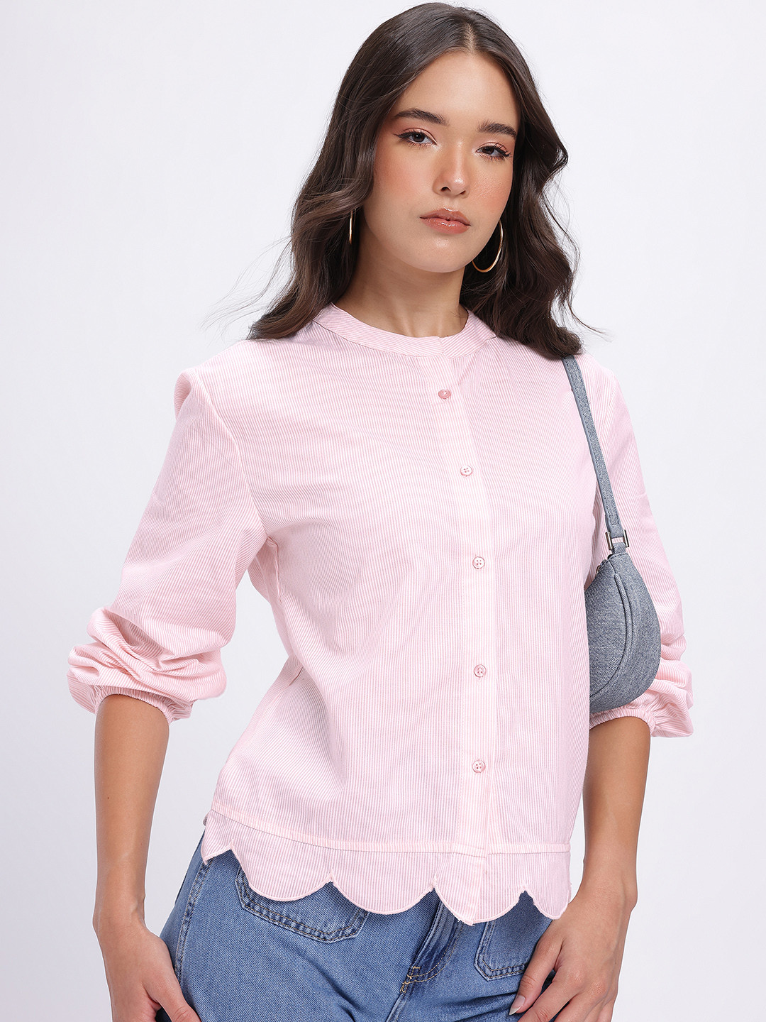 glitchez Pure Cotton Striped Scalloped Hem Shirt
