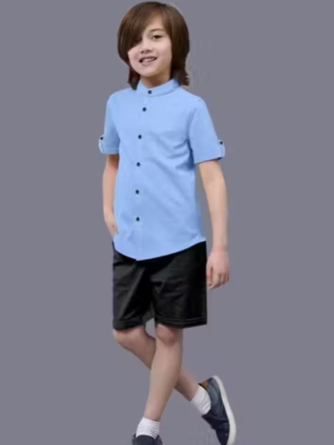 CUTIEWEAR Boys Blue Regular Fit Solid Cotton Linen Mandarin Collar Casual Shirt