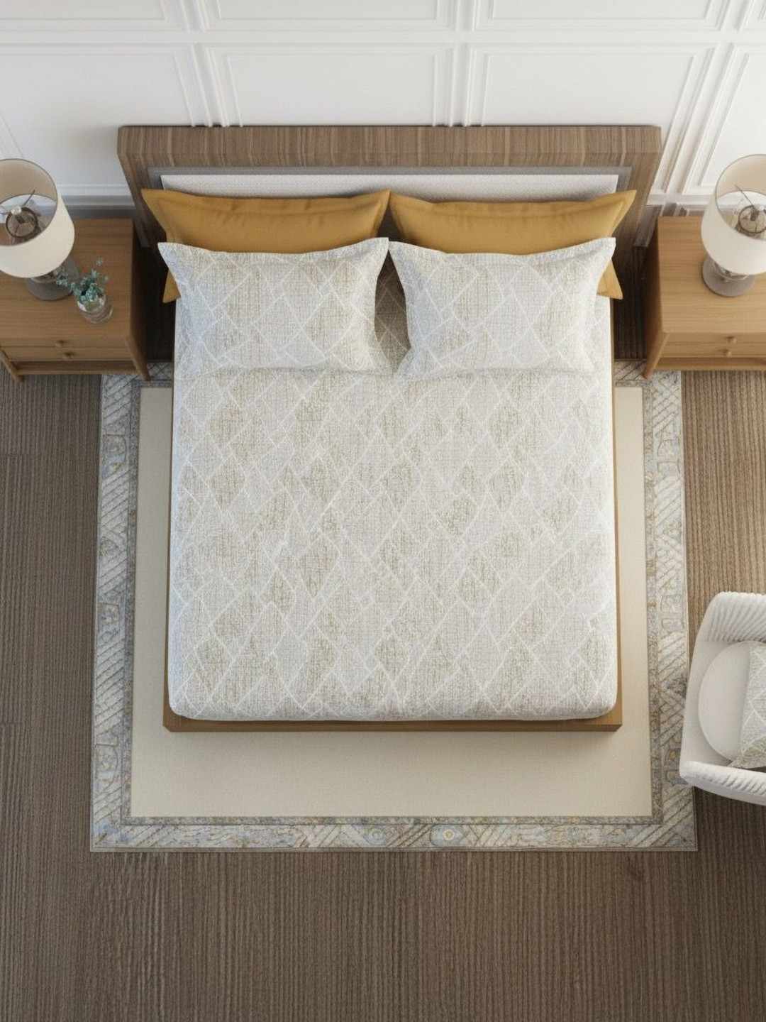 Triani Beige & White Abstract Printed Cotton 350TC Super King Bedsheet Set-2.74 m x 2.74 m