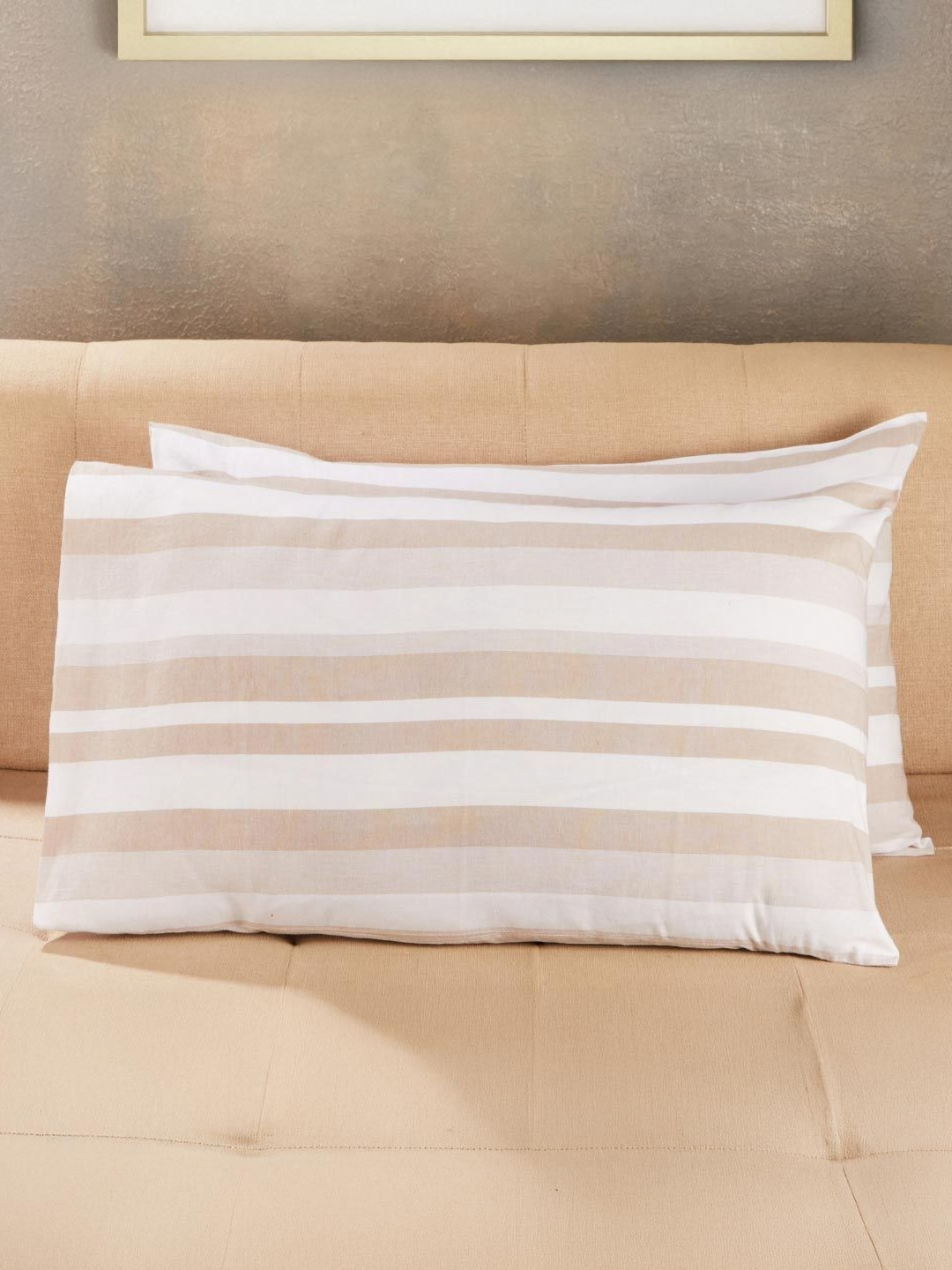 Fabindia Nivan Beige & White 2 Pieces Striped Pure Cotton Rectangle Pillow Covers