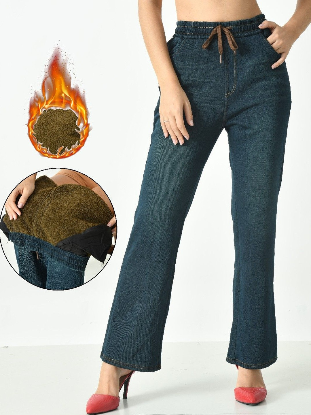 TOMKOT Women Winter Warm Thermal Denim Legging Fur Thermal Pant