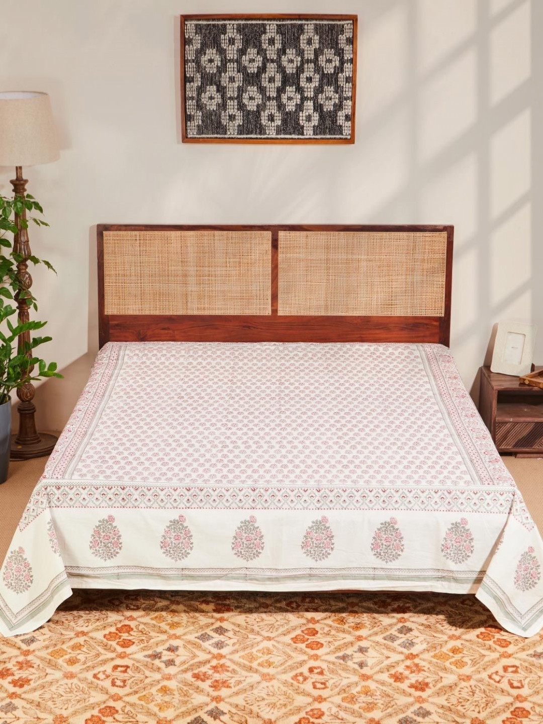 Fabindia Off White & Red Hand Printed Cotton Bed Cover