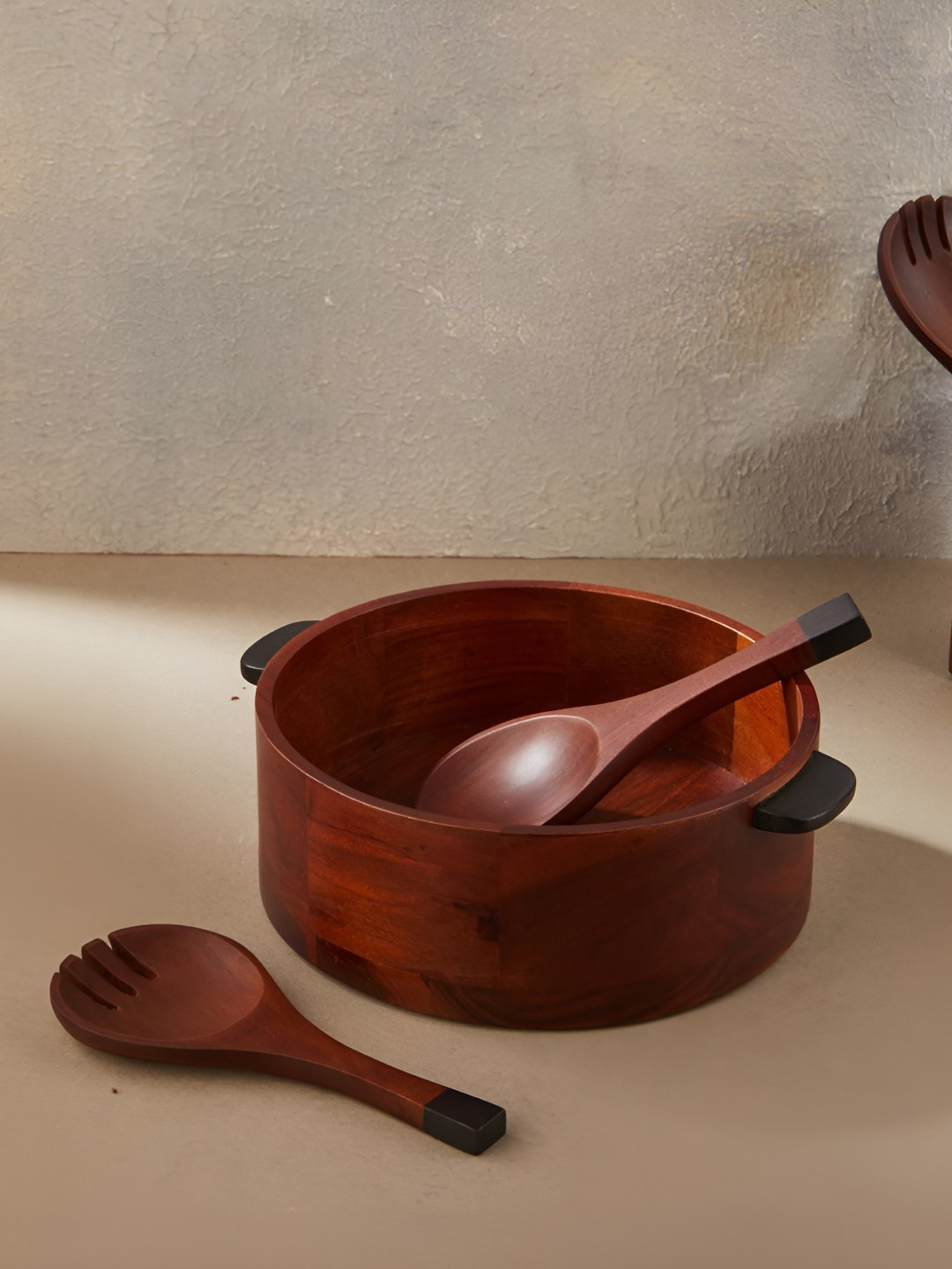 Fabindia Brown 3 Pieces Wooden Easy to Clean Serving Bowl & Spoons