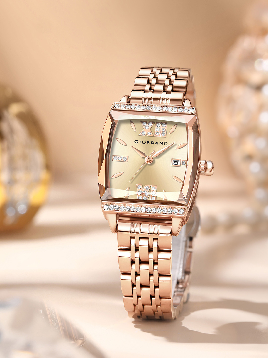 GIORDANO Analog Watch with for Women - Cut Glass Square Dial and Stainless Steel Strap