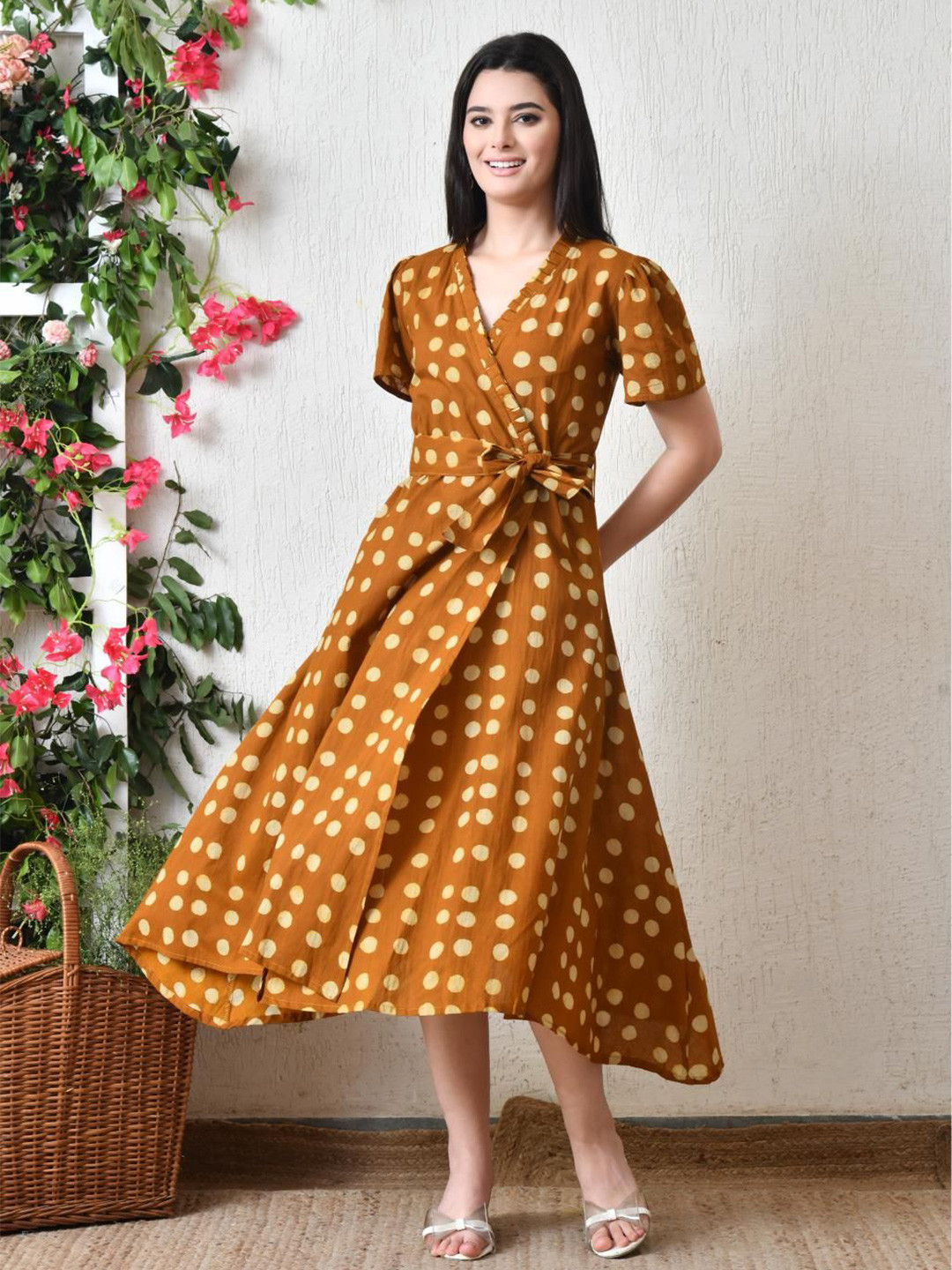 DECKEDUP Polka Dot Printed Short Sleeves Wrap Midi Dress