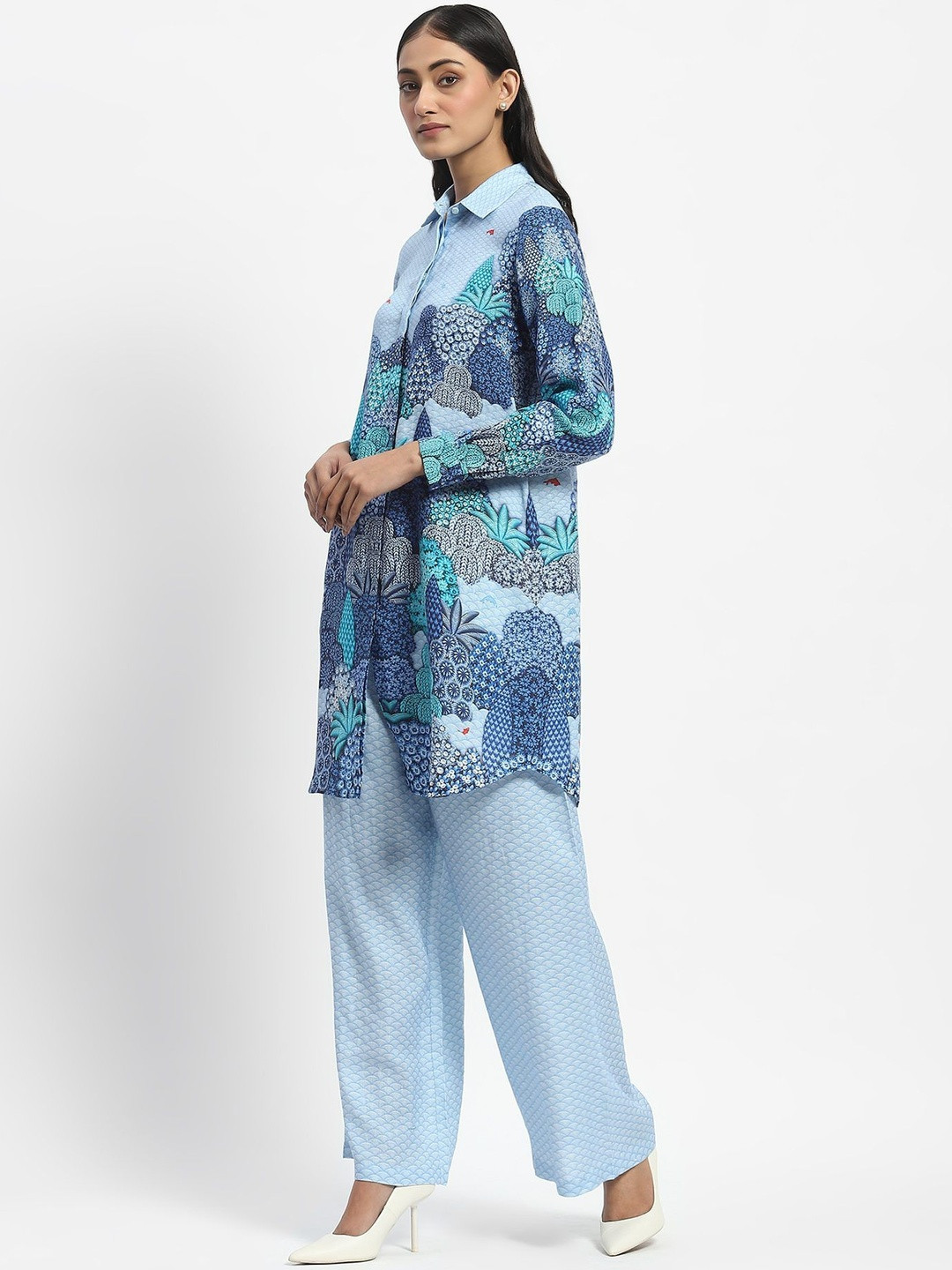 Satya Paul Women Ethnic Motif Printed Shirt Collar Long Sleeve Linen Tunic