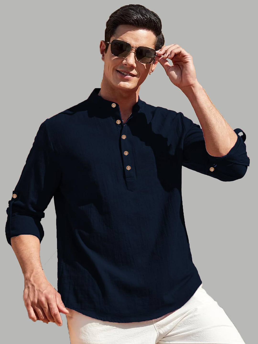 TrendiVastra Band Collar Roll-Up Sleeves Cotton Straight Short Kurta