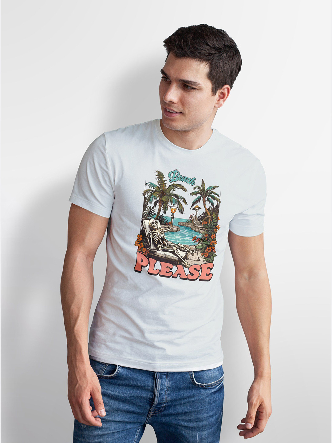 Seekbuylove Men Bio Finish Beach Please Skeleton Round Neck Pure Cotton T-shirt