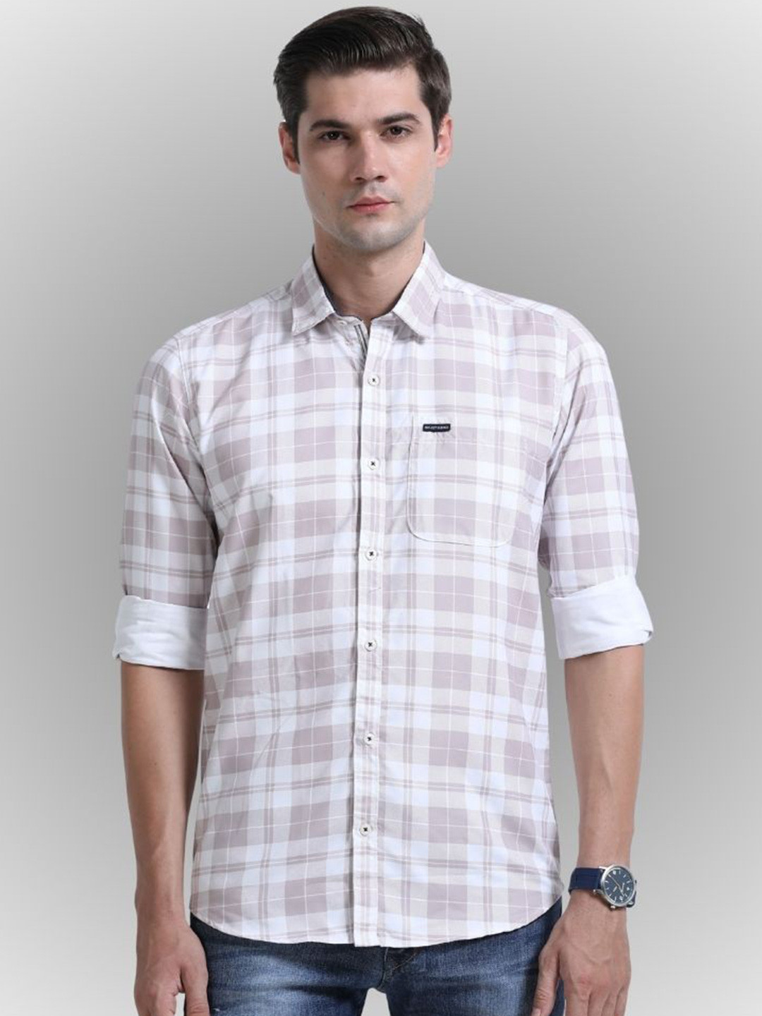 Rocket Science Checked Spread Collar Roll-Up Sleeves Comfort Slim Fit Casual Shirt
