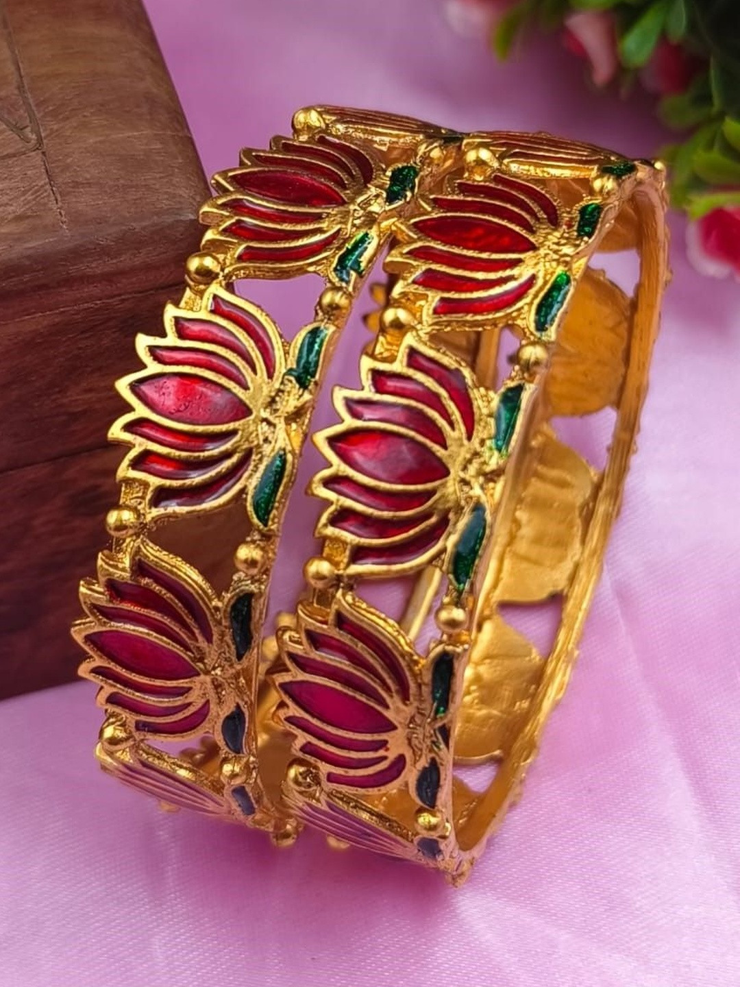 VRINDHA Set Of 2 Gold-Plated Laxmi Temple Meenakari Bangles