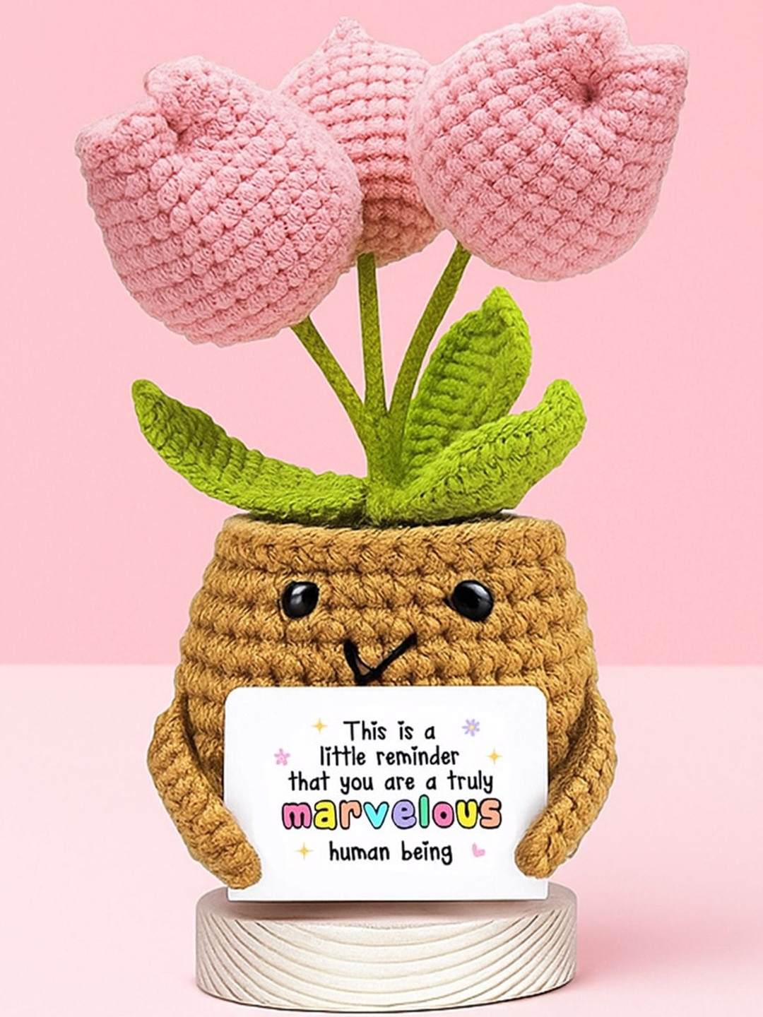 Ekhasa Brown & Pink Tulip Crochet Flowers With Message & Pot