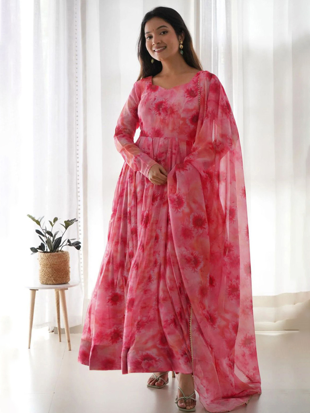 Siya Fashion Floral Printed Georgette Fit and Flare Maxi Ethnic Dress With Dupatta