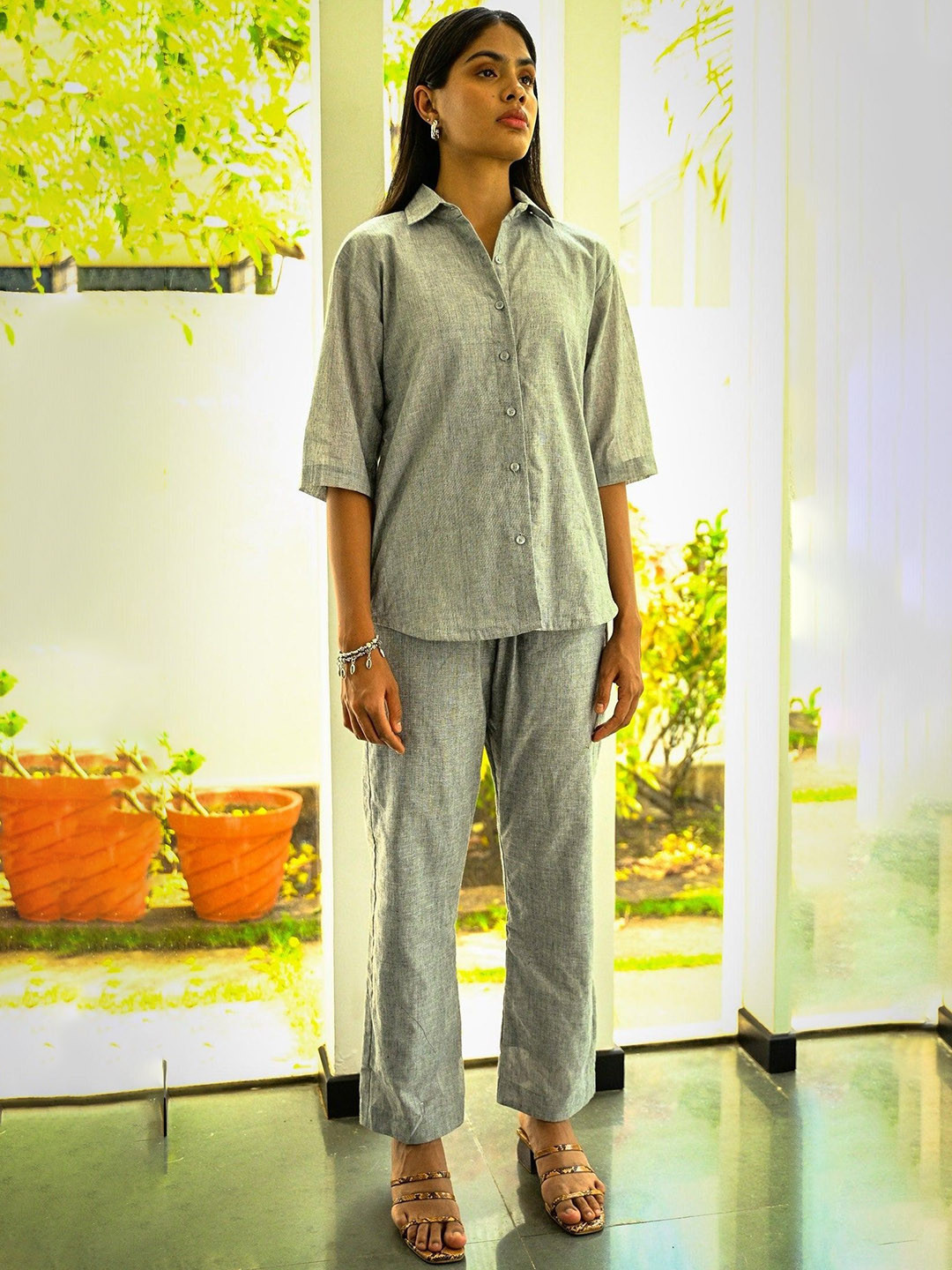 Naava Ash Self Design Three-Quarter Sleeves Pure Cotton Shirt With Trousers