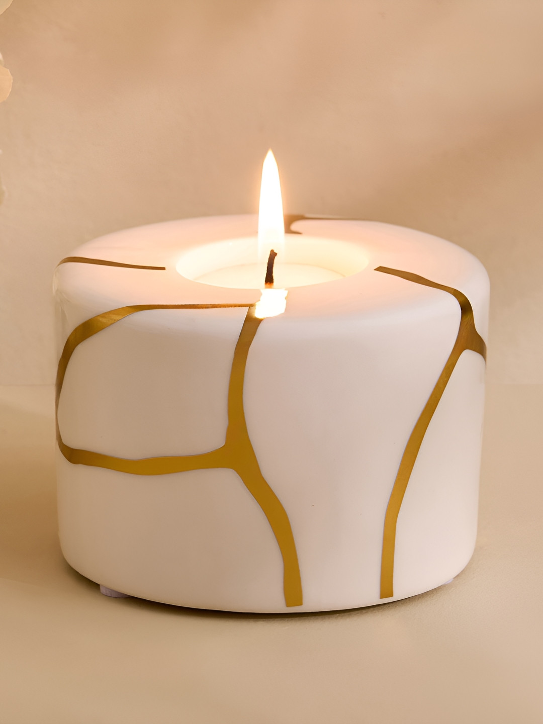 Home Centre Oro Kinsuki White & Gold Tone Printed Ceramic Candle Holder