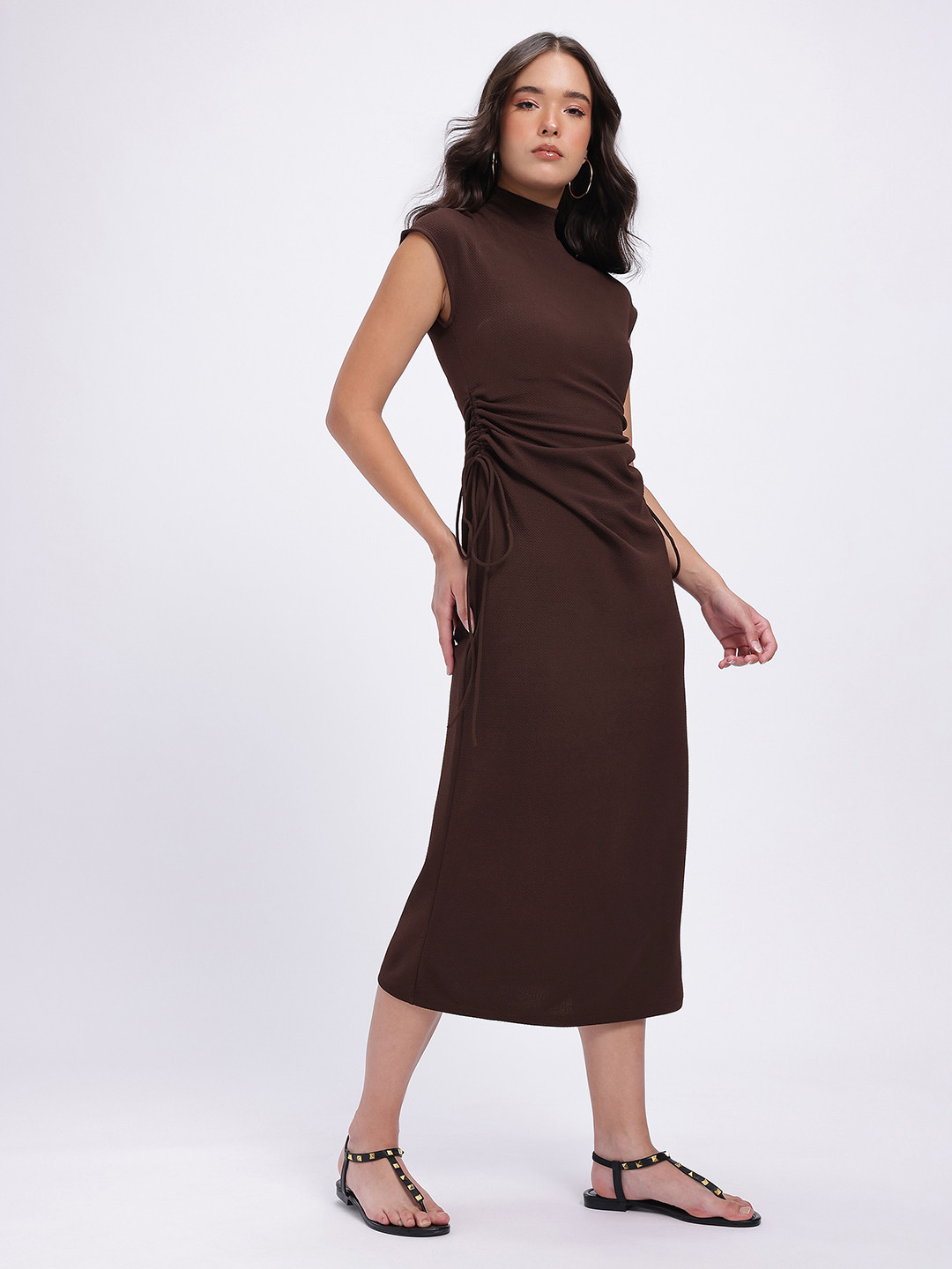 glitchez Sheath Midi Ruched Dress With Tie Up Details