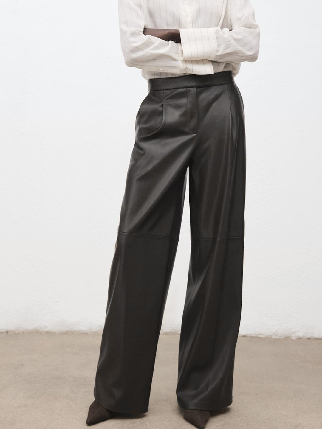 MANGO Women Leather Effect Wide Leg Pleated Trousers