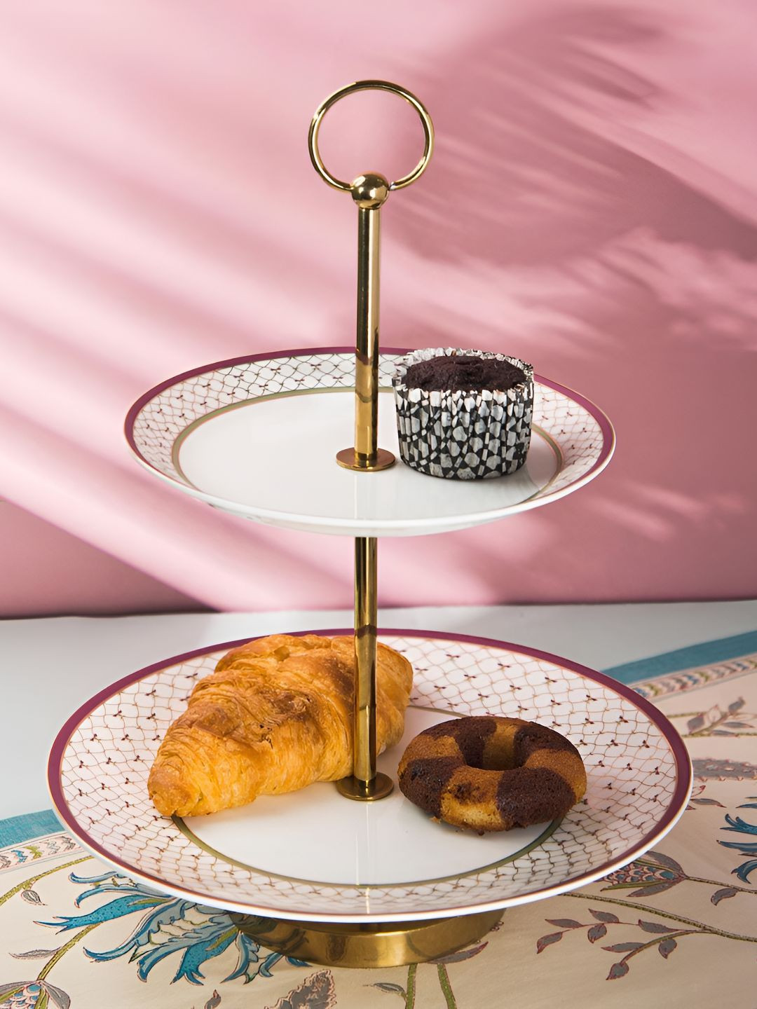 Fabindia Suvarn White & Gold-Toned Printed Ceramic 2-Tier Serving Tray