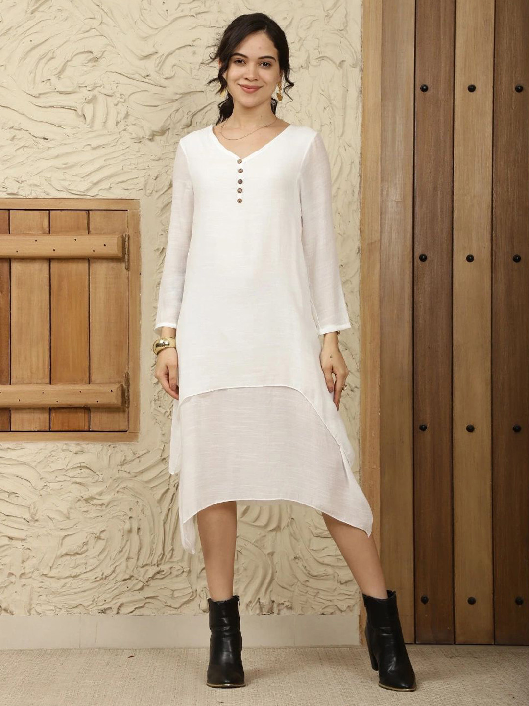 SANAITA CREATIONS Women Layered Linen A-Line Midi Dress