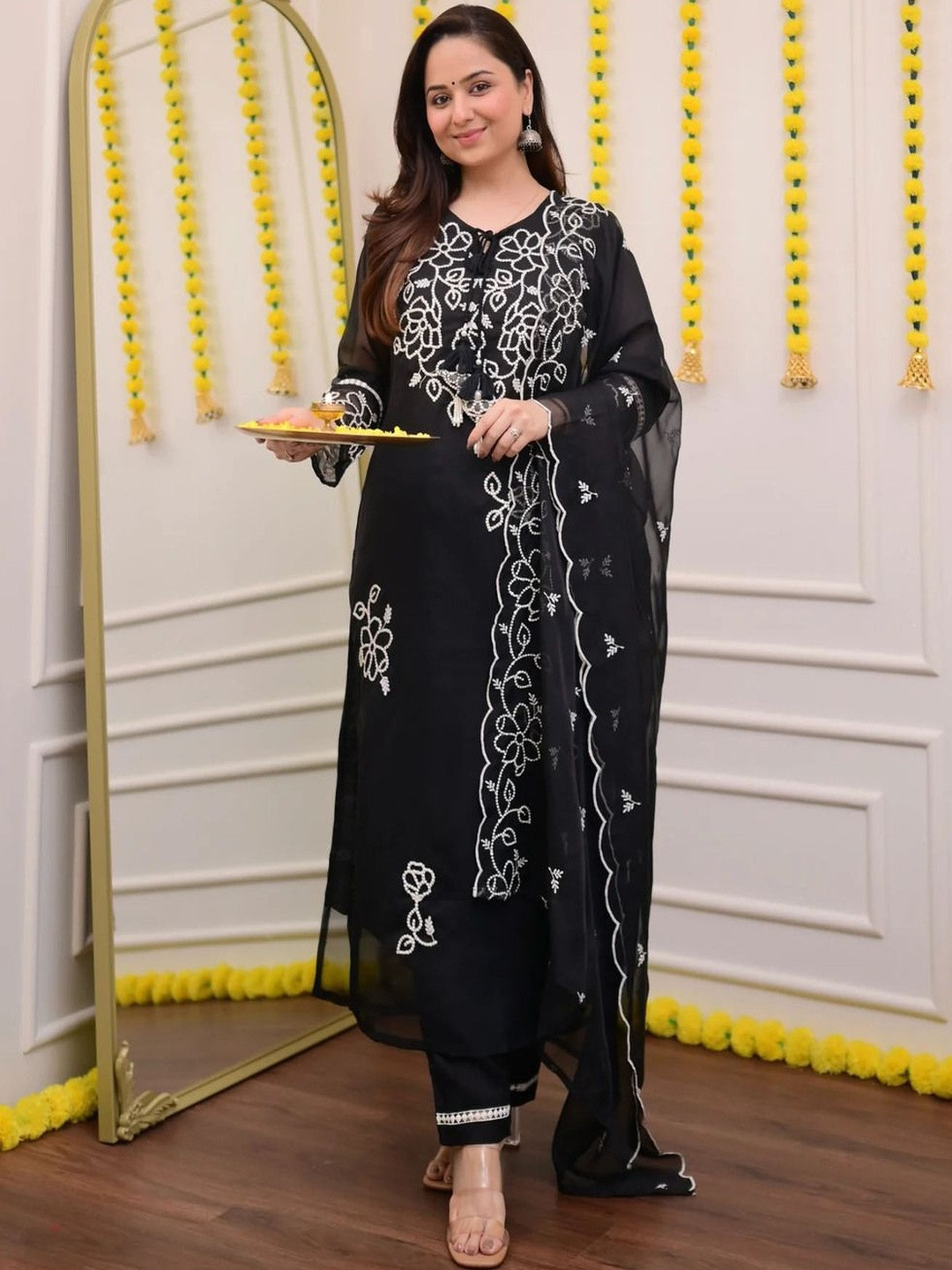 NZSilk Floral Embroidered Thread Work Straight Kurta With Trousers & Dupatta