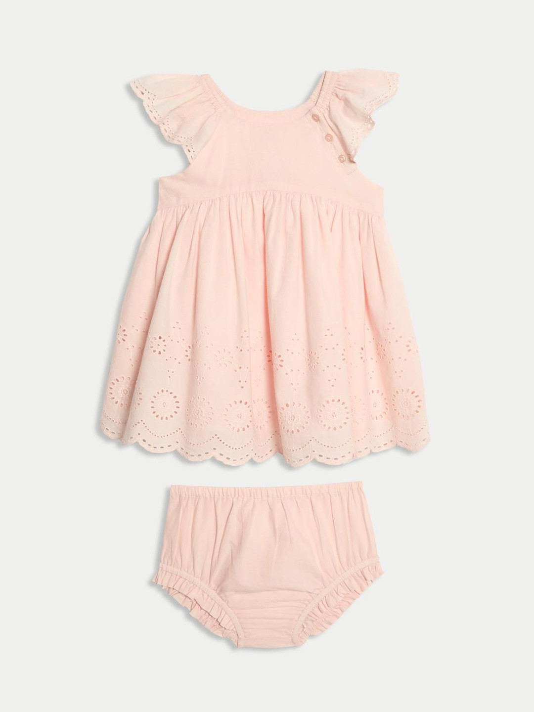 Marks & Spencer Girls Schiffli Pure Cotton Flutter Sleeve Fit & Flare Dress With Pant