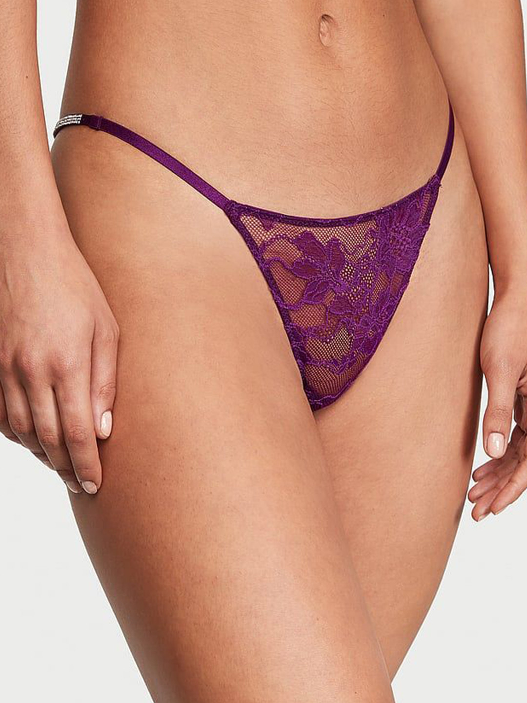 Victoria's Secret Self-Design Low-Rise Lace-Trim High-Leg Shine Strap String Thong Briefs