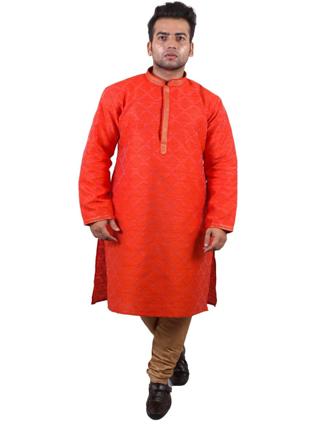 DIAMOND CULSTER Men Woven Design Band Collar Kurta with Churidar