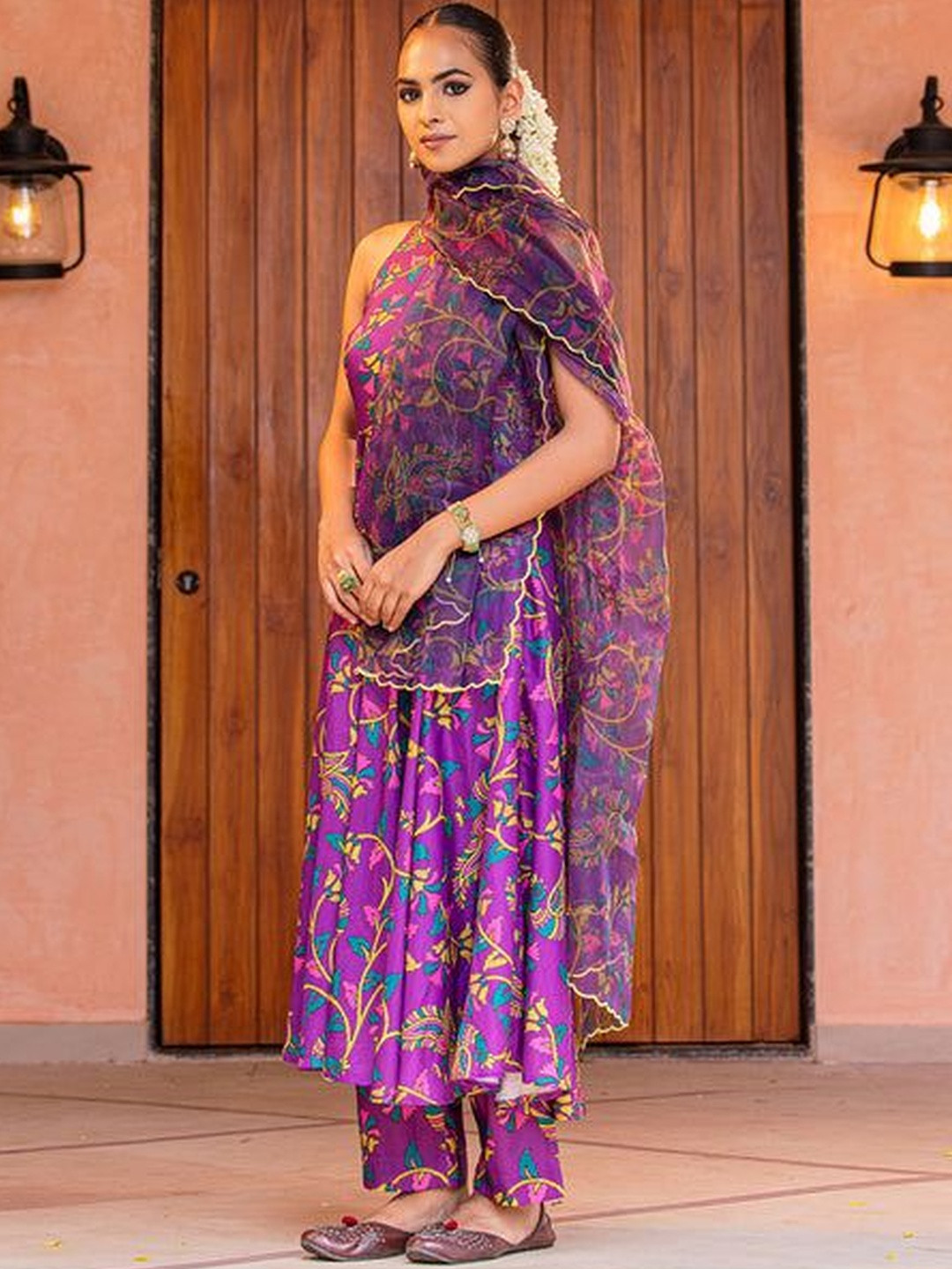 Ambraee Women Purple Floral Muslin Suit Set