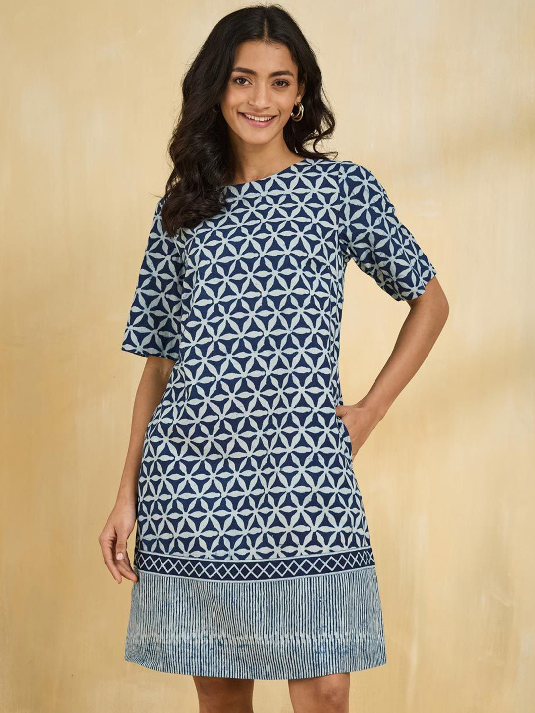 Fabindia Women's Navy Blue Printed Round Neck Elbow Sleeves A-Line Dress
