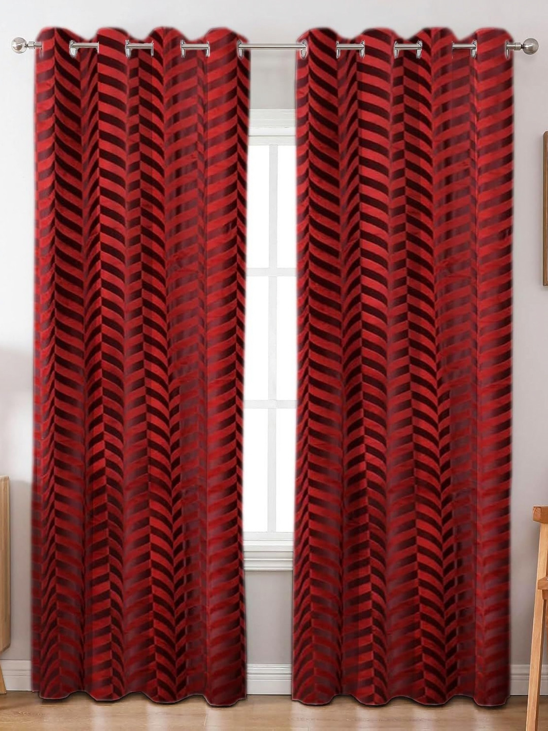 Aura Maroon 2 Pieces Geometric Printed Black Out Velvet Door Curtains