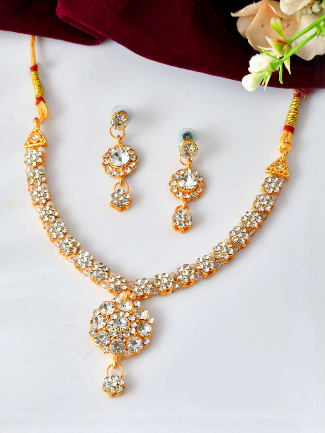 Jewels Nest Stainless Steel Gold-Plated Crystals Studded Jewellery Set