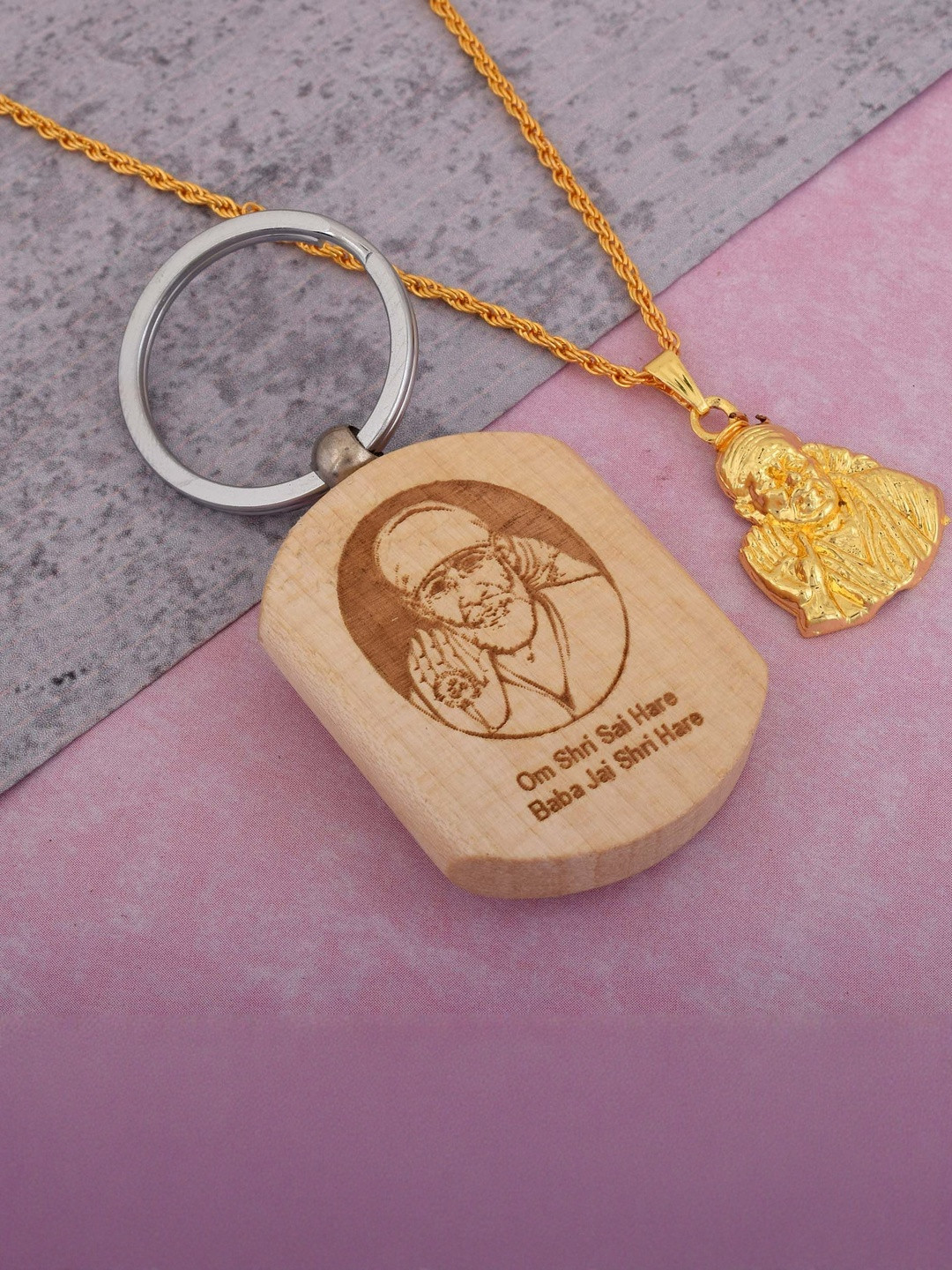 DZINETRENDZ Set Of 2 Gold-Plated Sai Baba Brass Pendant With Chain & Keyring