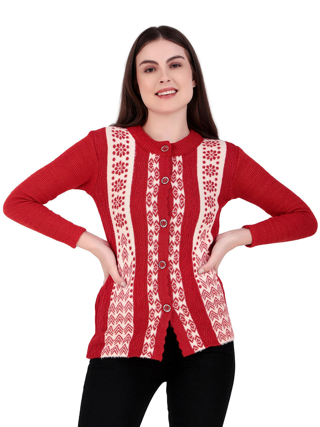 Brazo Wom_Cardigan_04 Women Floral Self Design Round Neck Long Sleeves Cardigan Sweaters