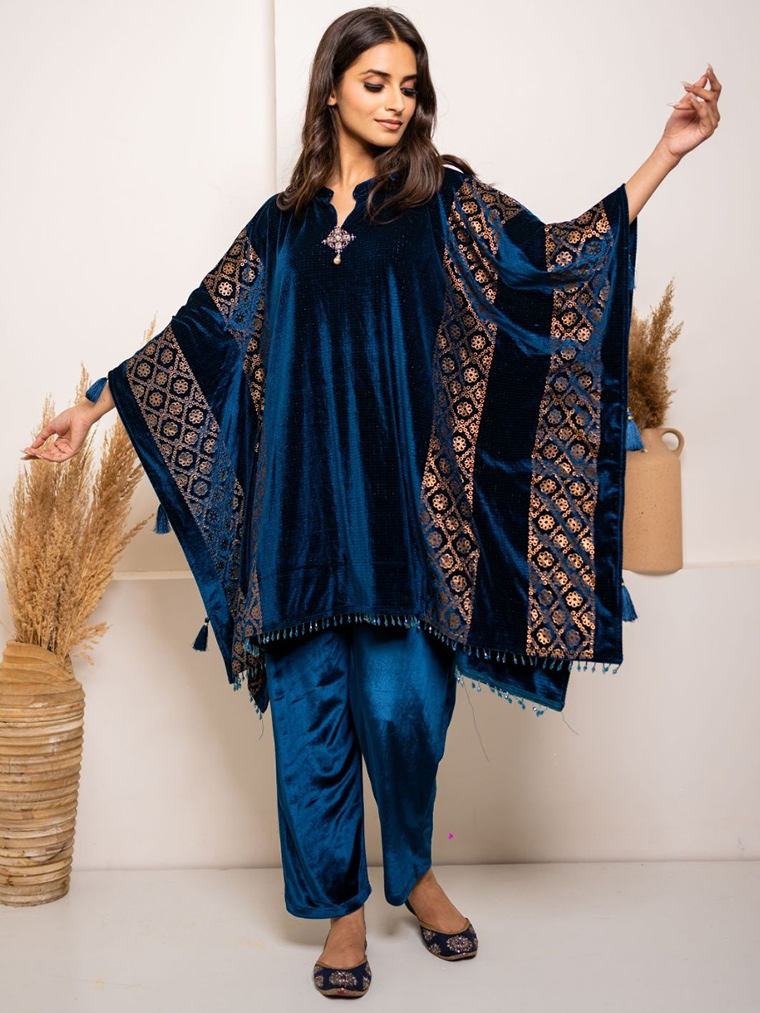 Teal Blue Embellished Velvet Tunic with Trousers