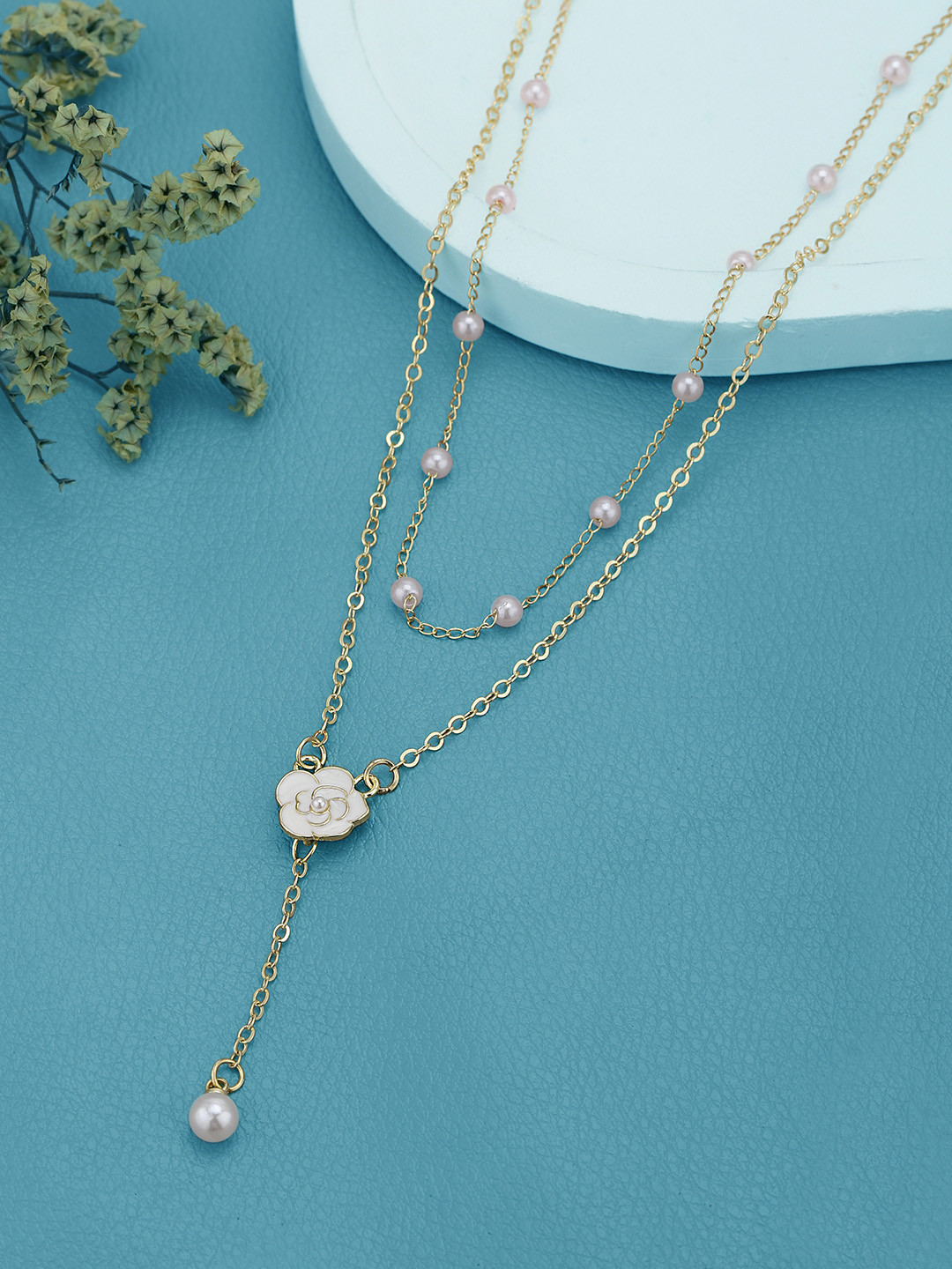 Gold Plated Pearl and Floral Lariat Layered Necklace