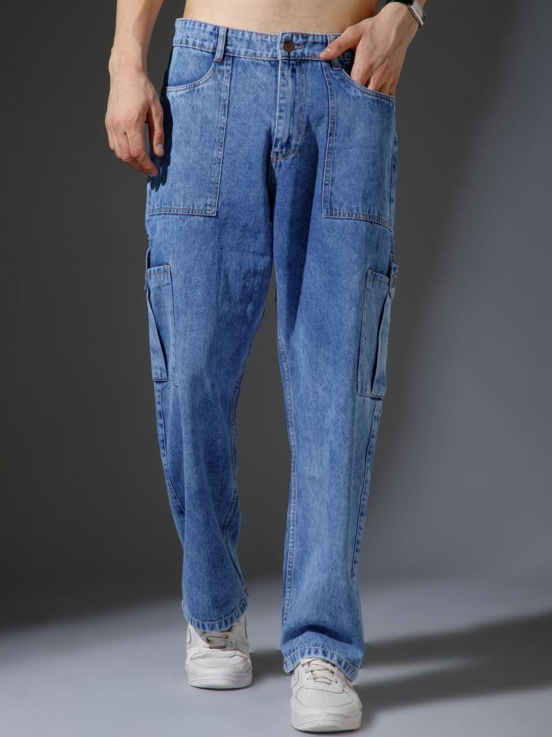R.Code by The Roadster Life Co. Men Mid-Rise Light Fade Cargo Styles Jeans