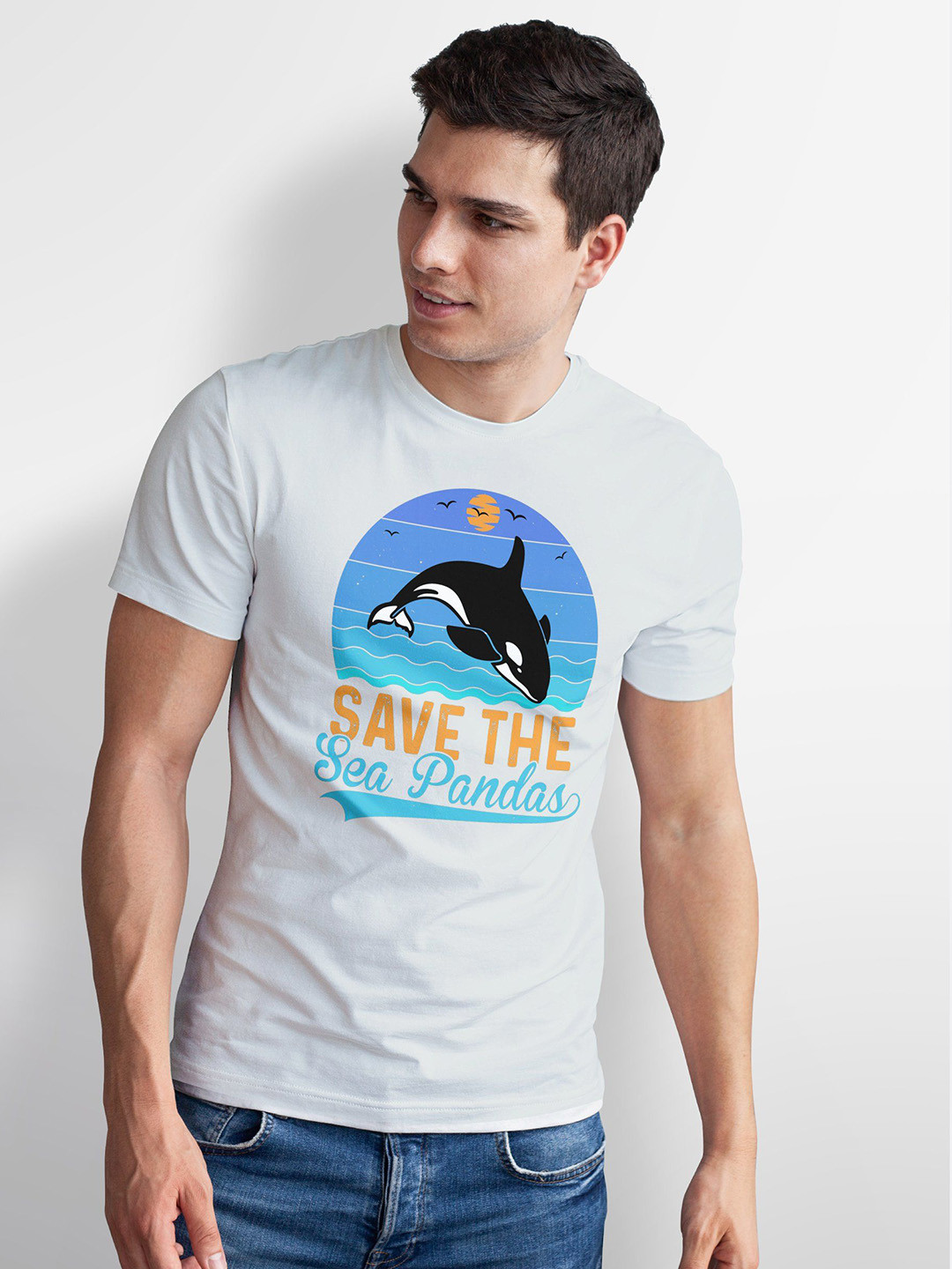 Seekbuylove Men Bio Finish Save The Sea Pandas Round Neck Pure Cotton T-shirt
