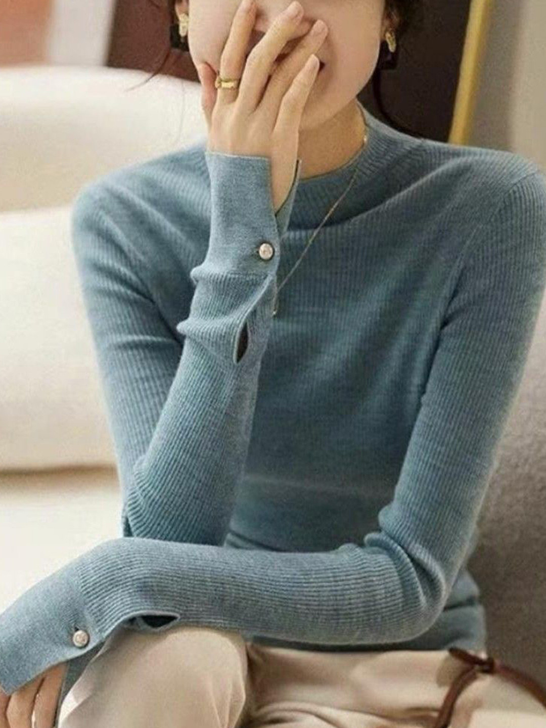 StyleCast Women Ribbed Long Sleeves Pullover Sweater With Button Slit Cuffs