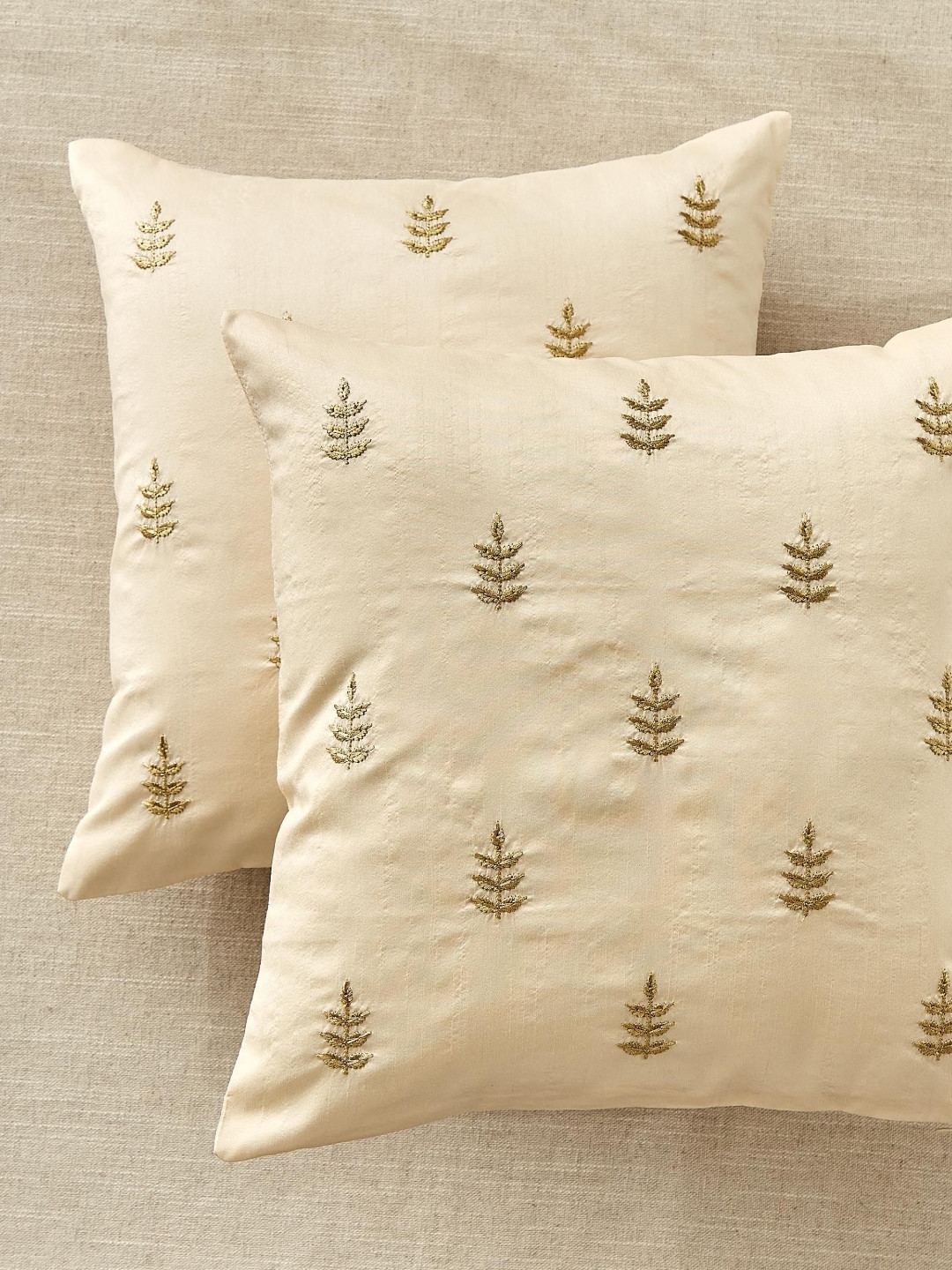 Home Centre Velin Beige & Gold Toned 2 Pieces Embroidered Square Cushion Covers