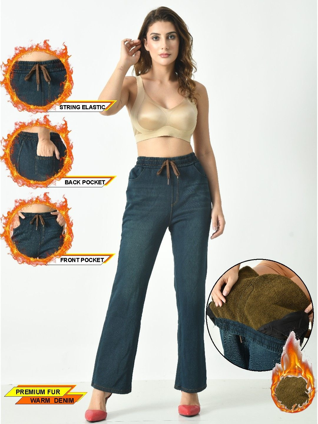 Piftif Fleece Thermal Denim Legging Thermal Pant