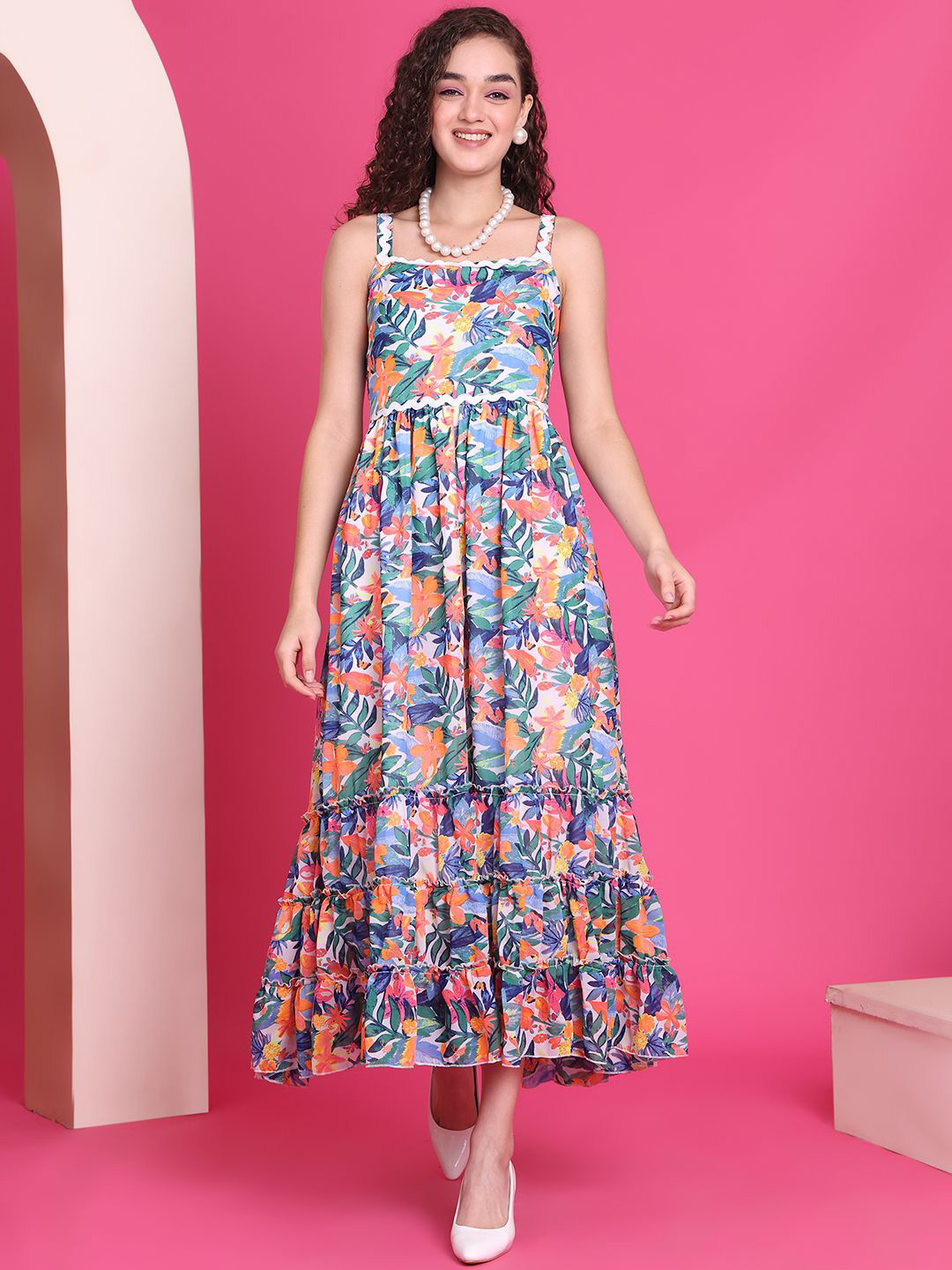 Sansudra Floral Printed Shoulder Straps Ruffled Fit & Flare Maxi Dress