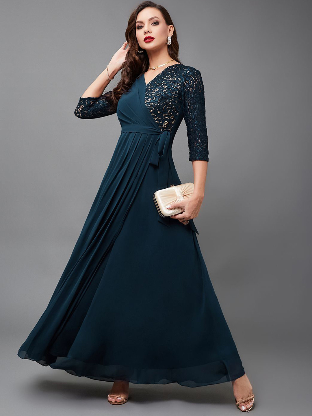 Miss Chasel Women V-Neck  Lace Overlaid Georgette Maxi Dress