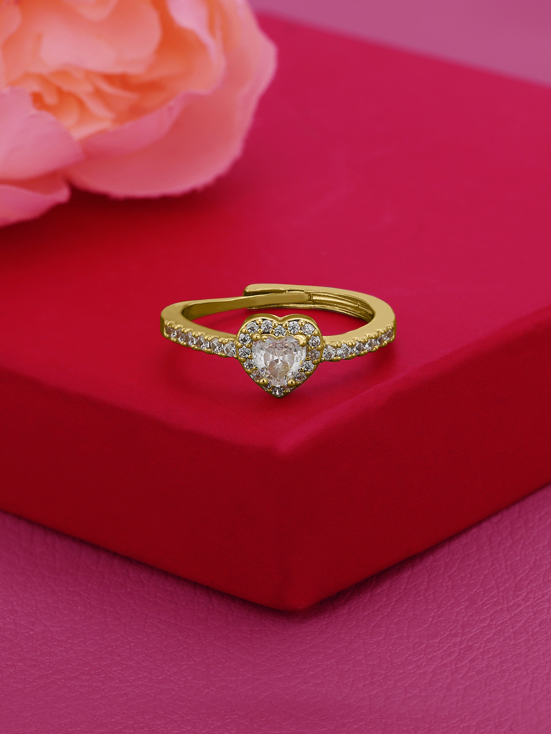 Carlton London Gold Plated CZ Heart Solitaire Adjustable Ring