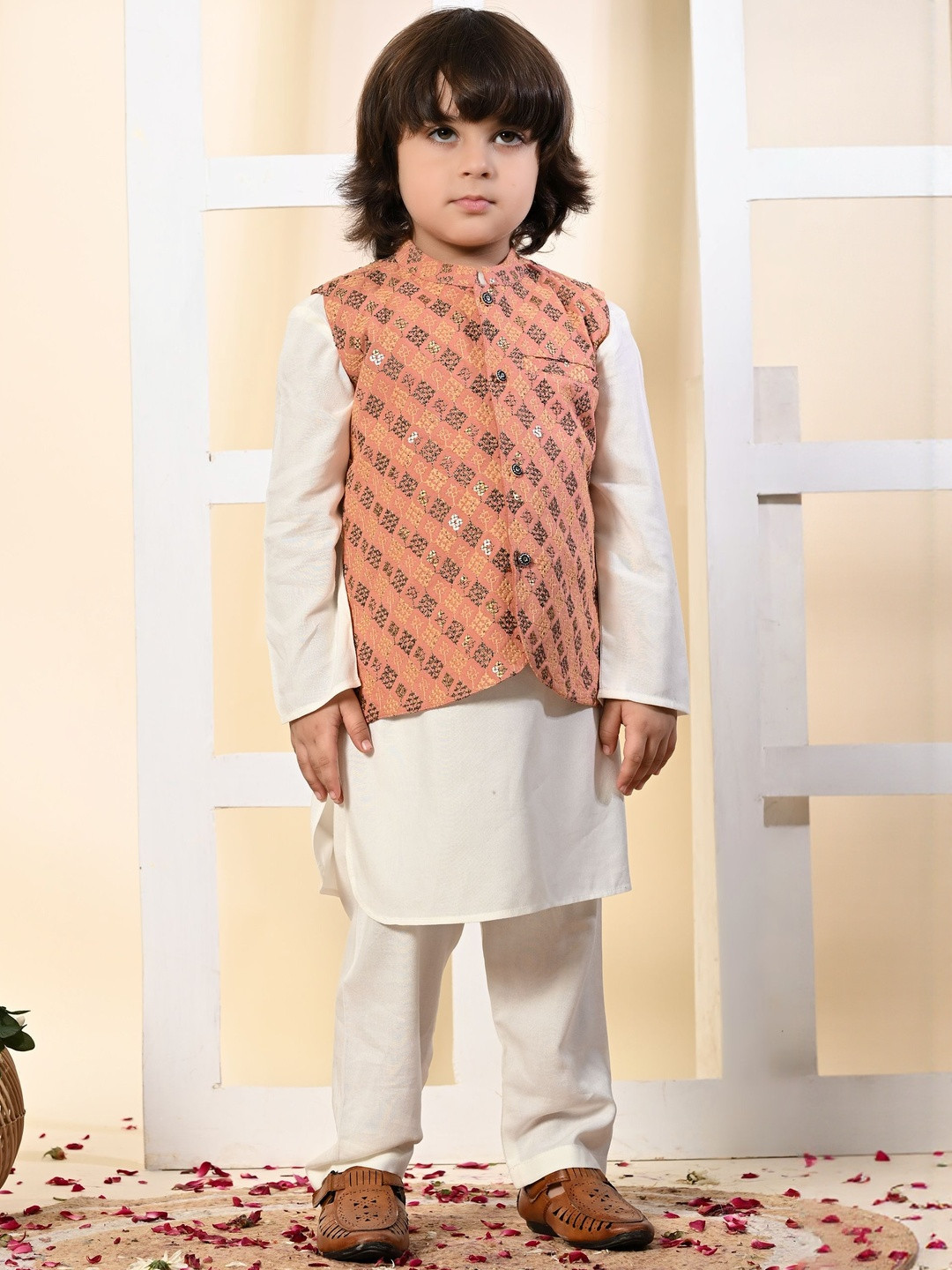 Muffin Shuffin Boys Mandarin Collar Kurta with Pyjamas with Embroidered Nehru Jacket