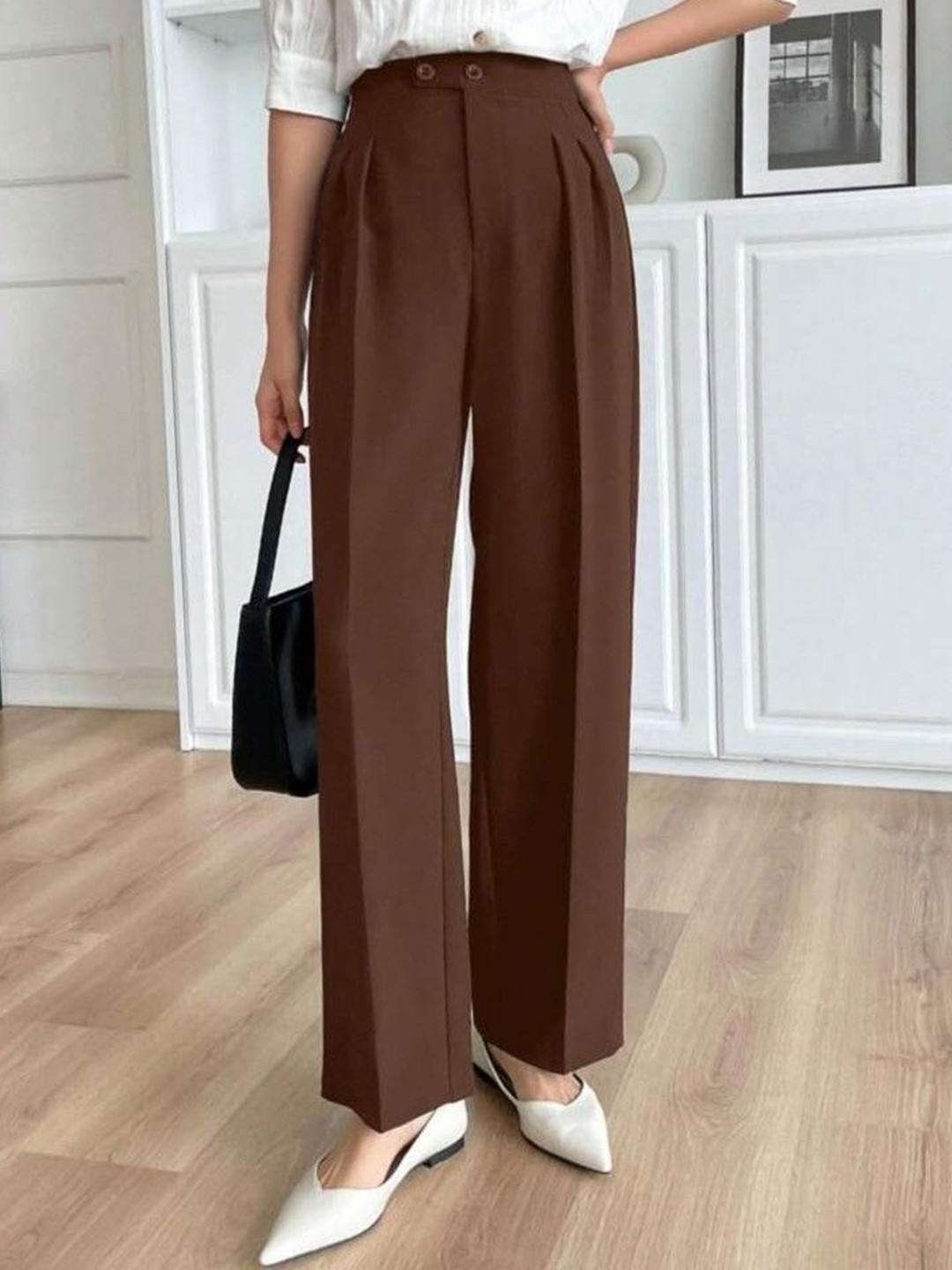Next One Women Smart Loose Fit High-Rise Easy Wash Pleated Trousers