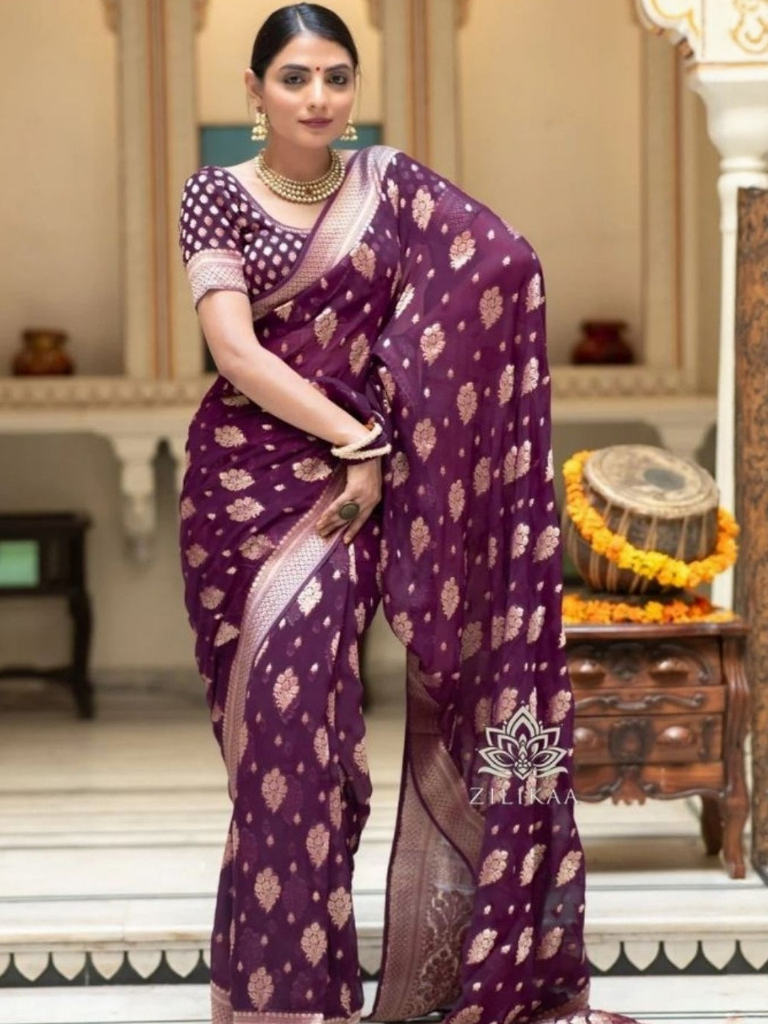 PEACH PIPER Woven Design Ethnic Motifs Zari Banarasi Saree