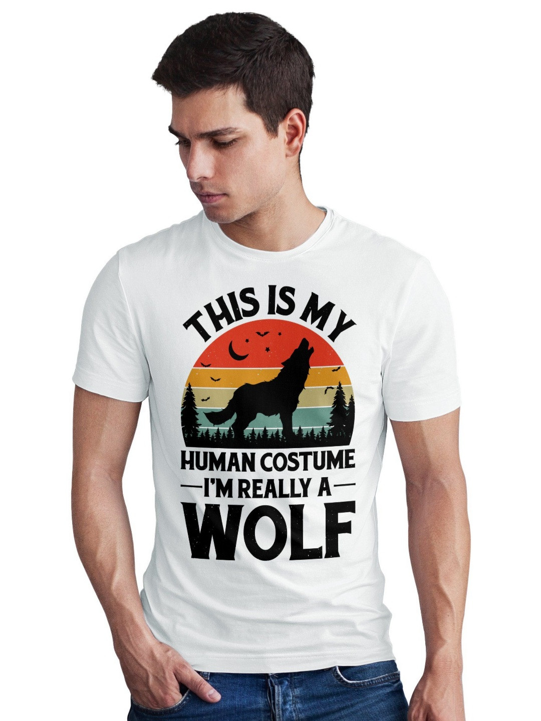Seekbuylove Men Bio Finish Funny Wolf Costume Round Neck Pure Cotton T-shirt