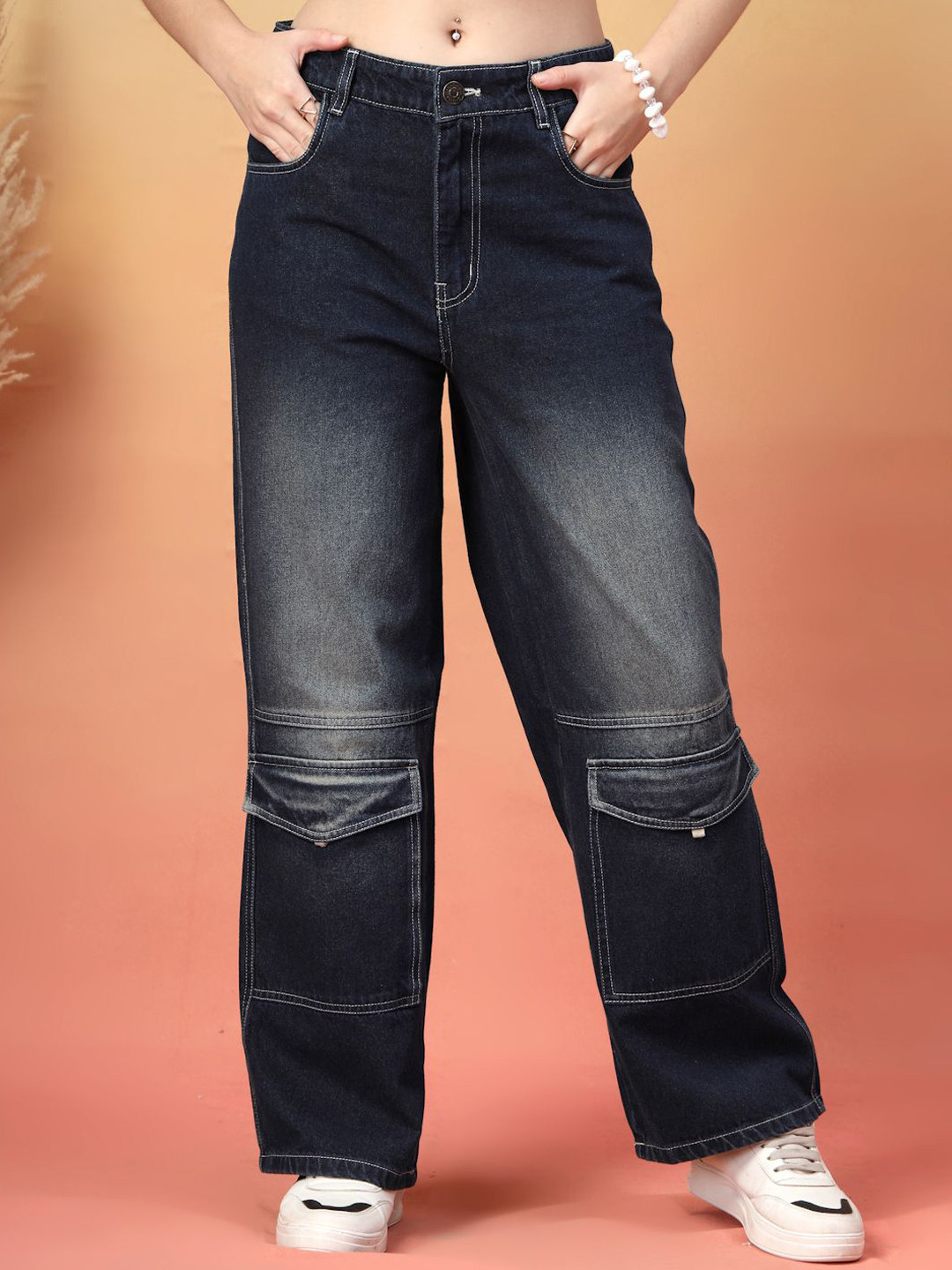 COSMIC Women Faded Mid-Rise Relaxed Cargo Jeans