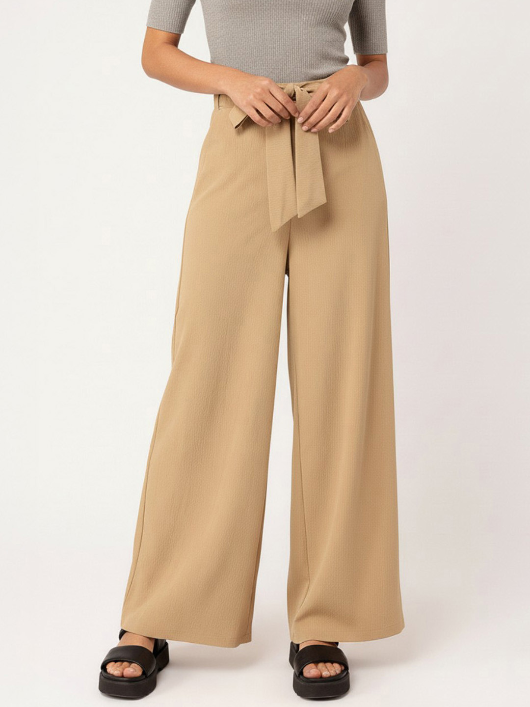 DressBerry Women Beige Waist Tie-Up Wide Leg Trousers