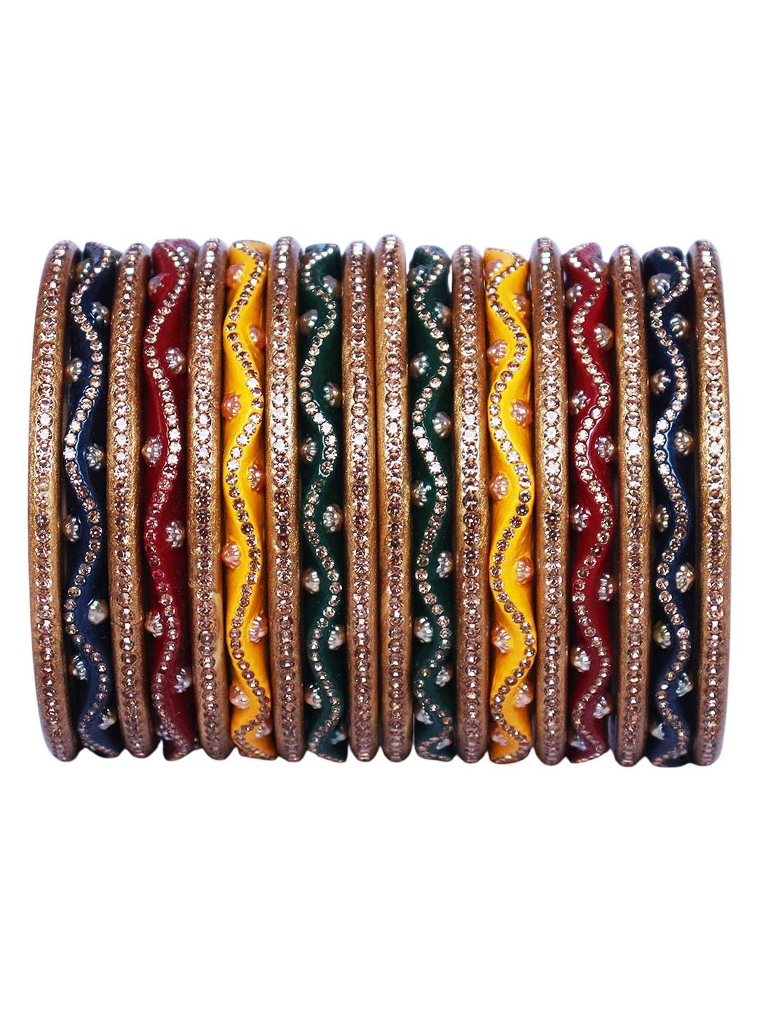 TAJ BRIDAL STORE Set Of 18 Artificial Stones Studded Zig Zag Design Bangles