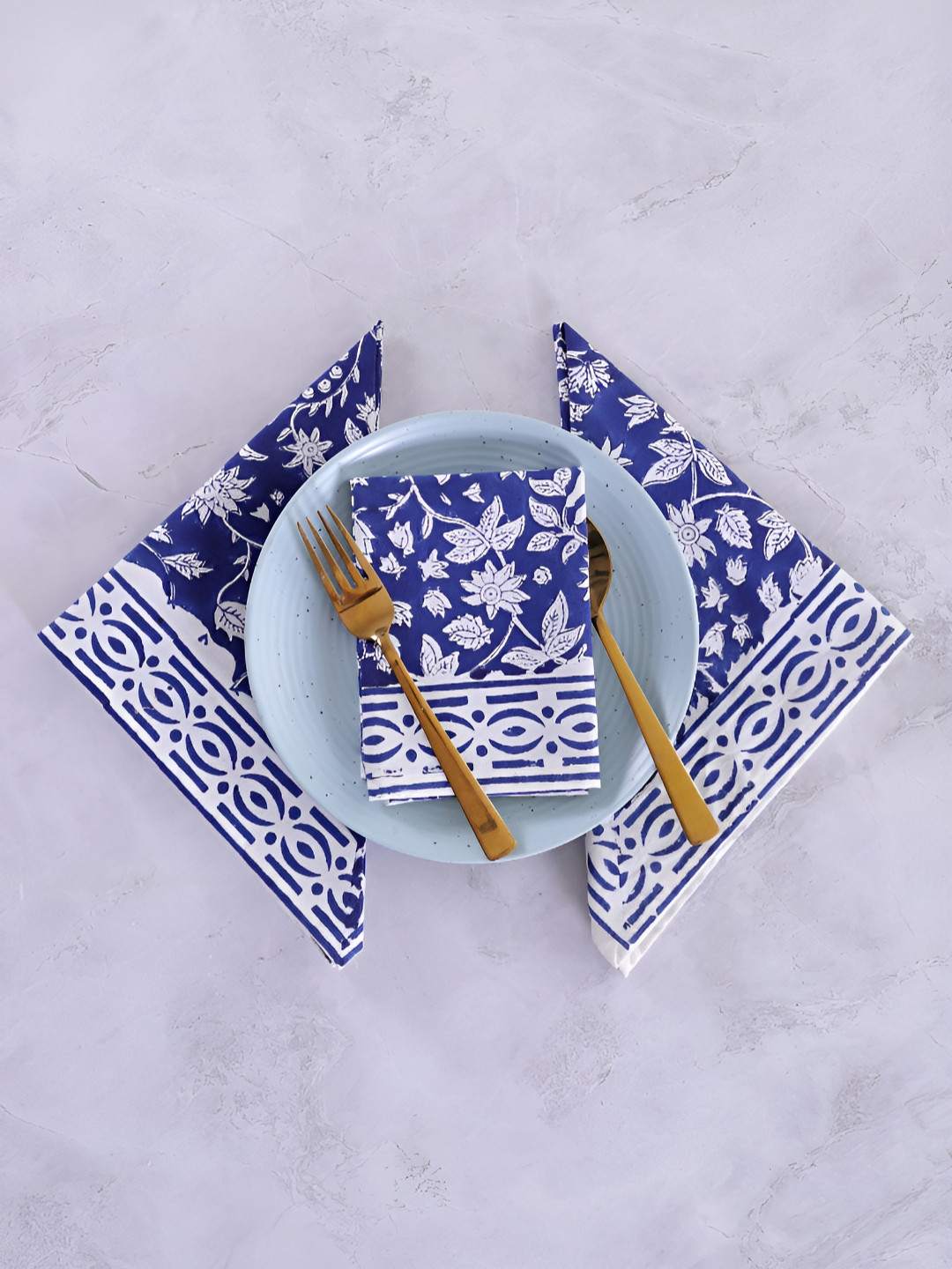 HANDICRAFT PALACE Blue & White 6 Pieces Block Print Cotton Table Napkins